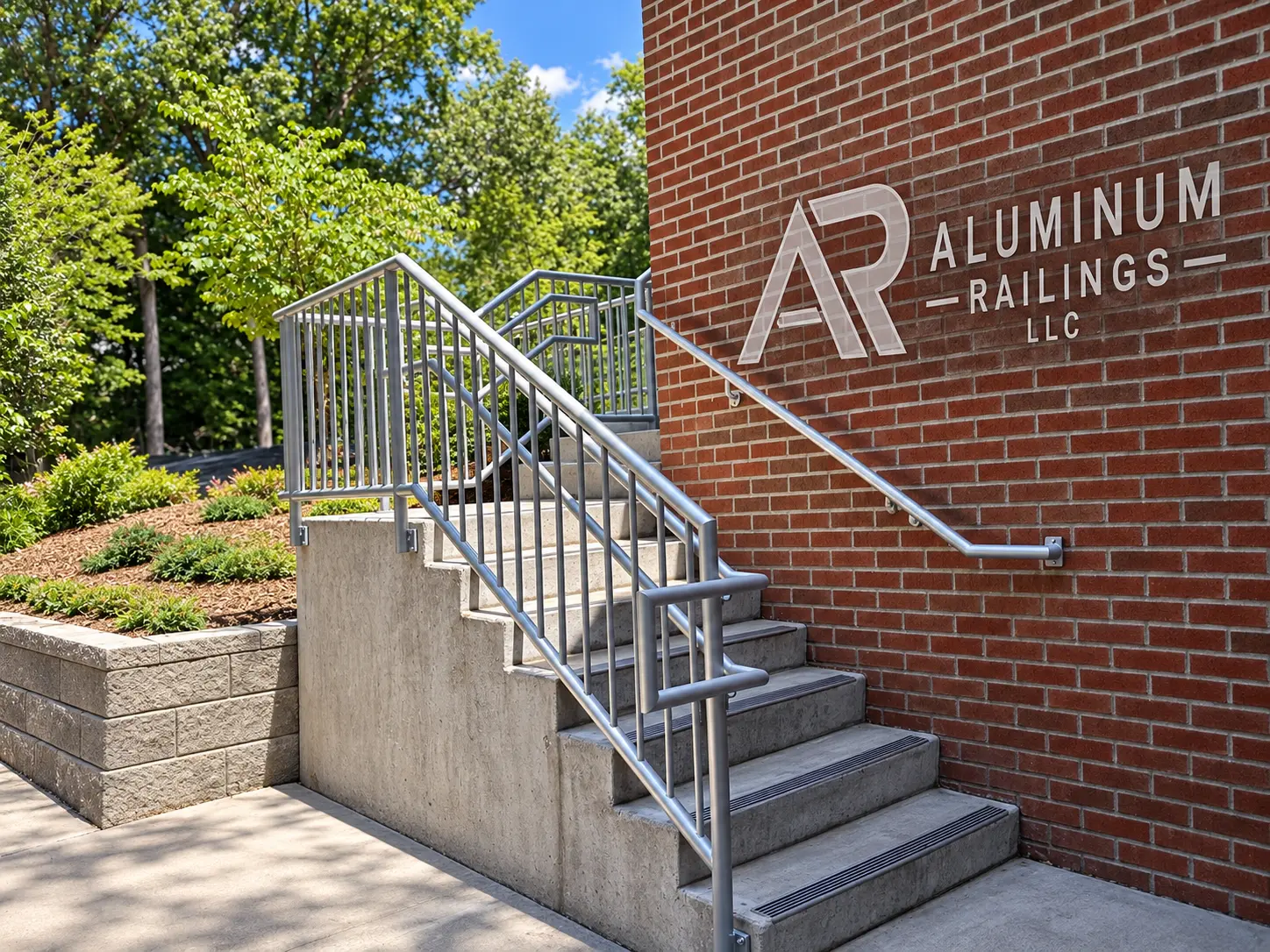 Custom silver aluminum stair and wall-mounted handrails