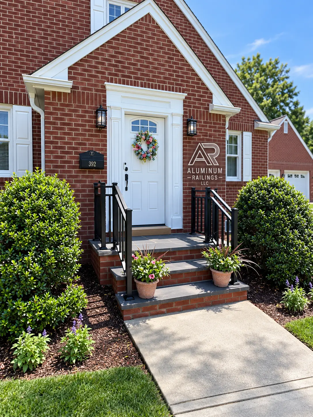 Black aluminum porch railing installed at a New Jersey brick home entrance