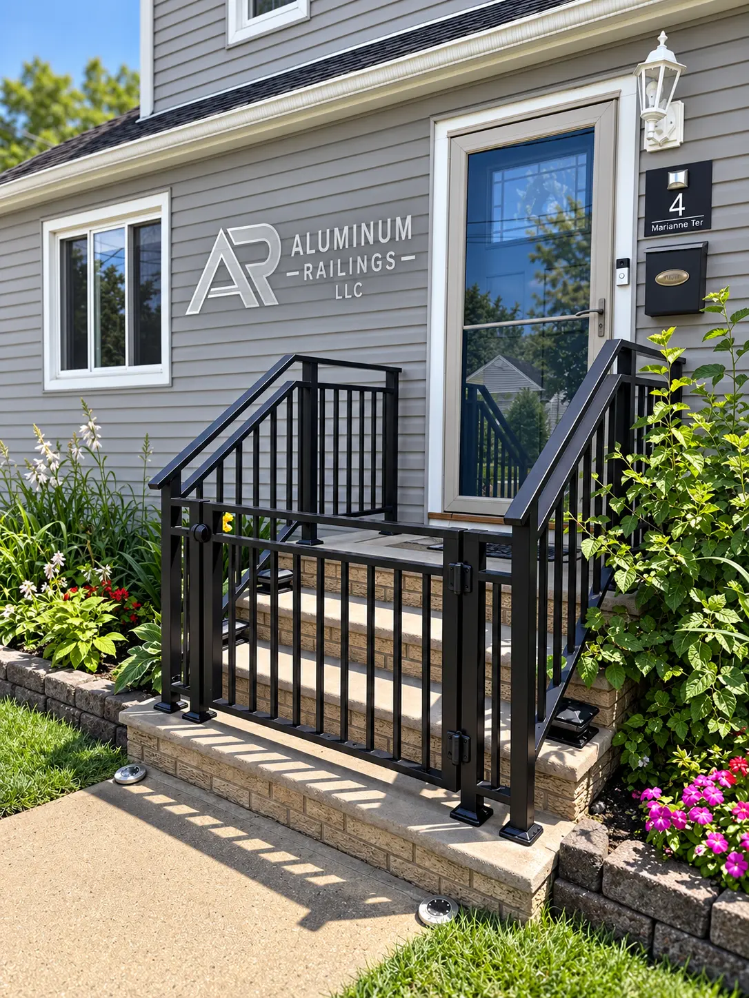Black aluminum entry railing and matching gate installed at a New Jersey home
