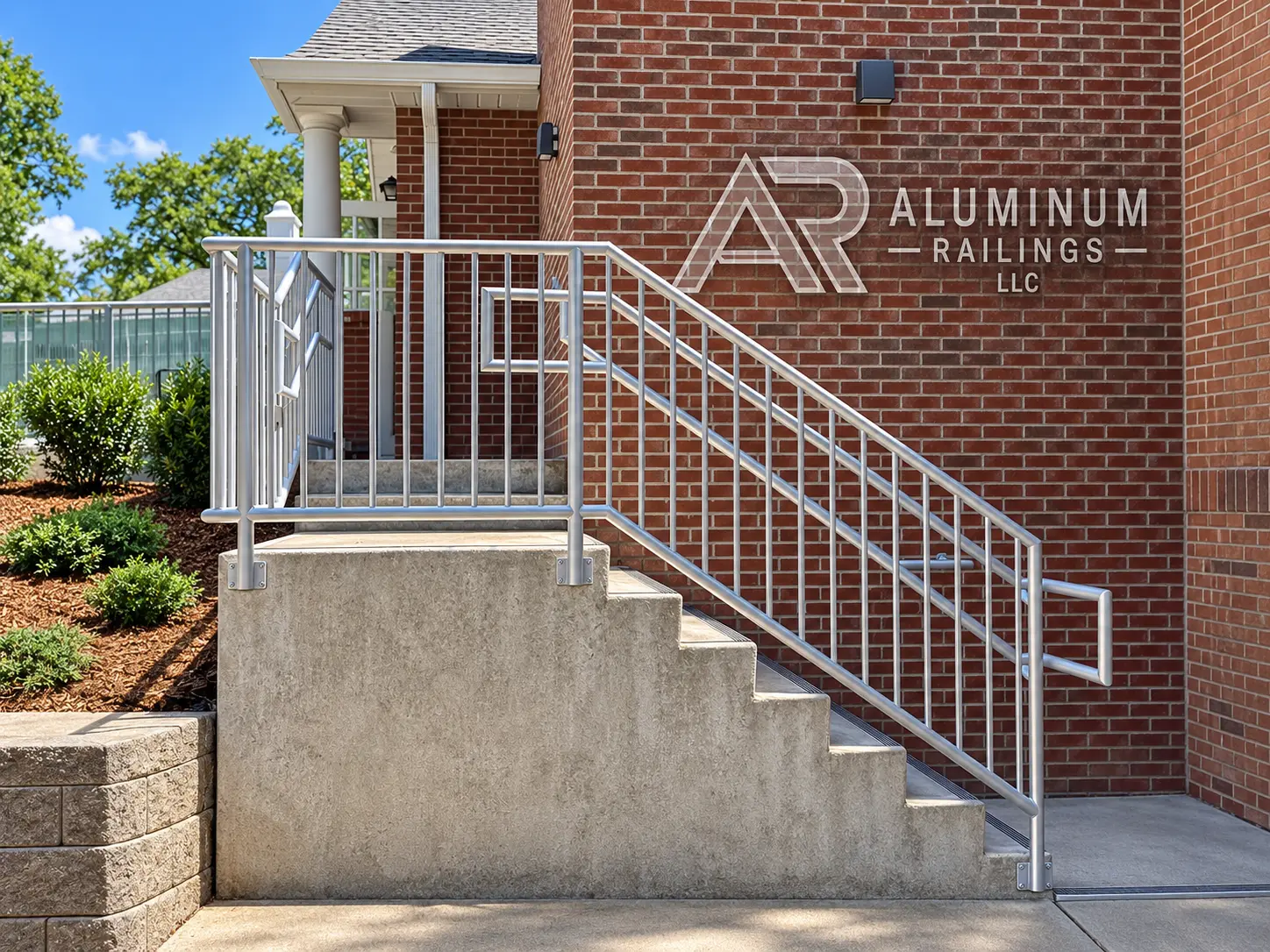 Silver aluminum stair railing installed beside a brick building