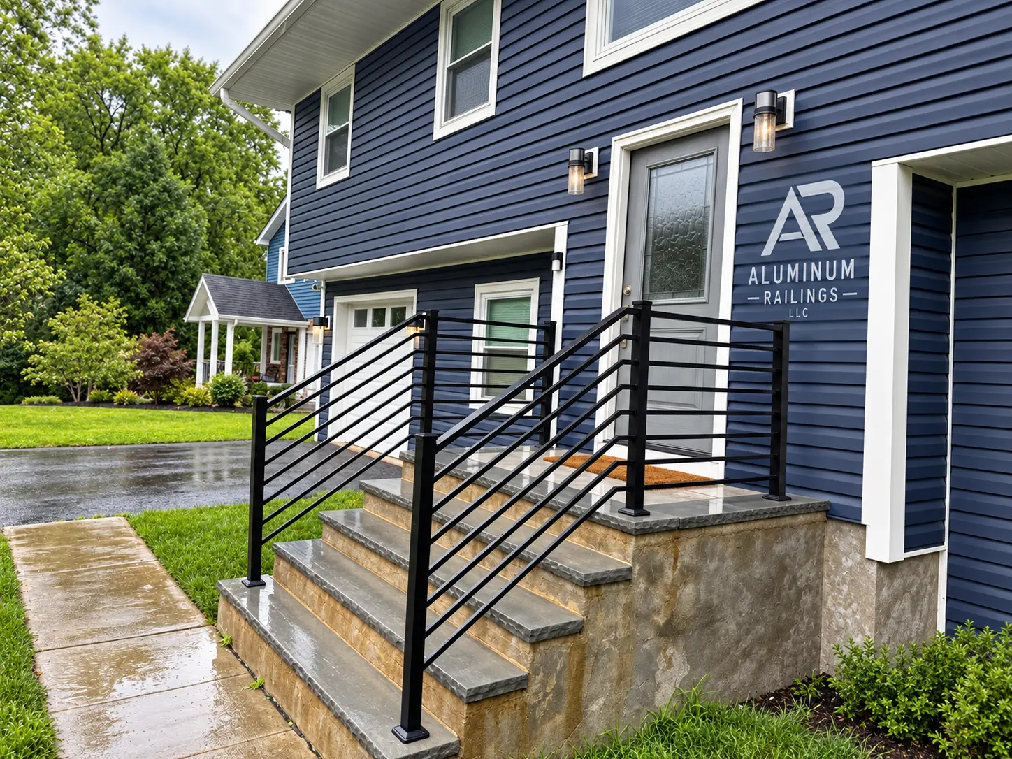 Custom black horizontal aluminum railing installed on a New Jersey home entrance