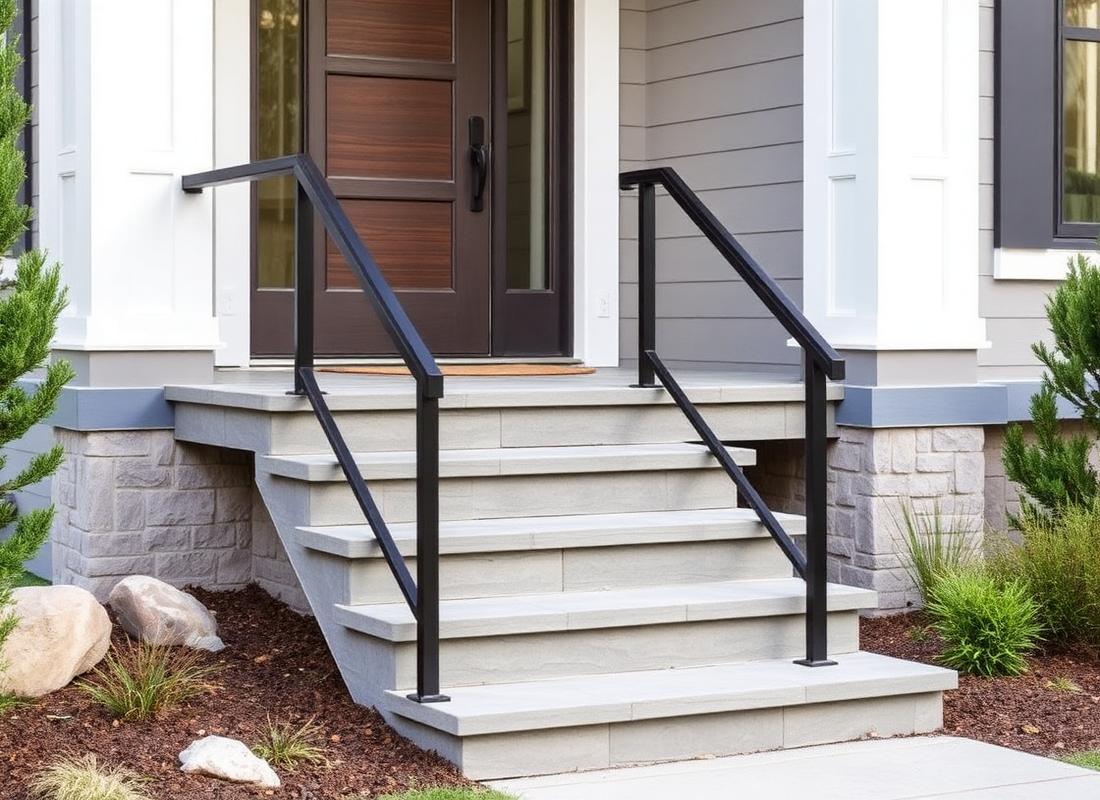 Black aluminum entry railing on stone steps